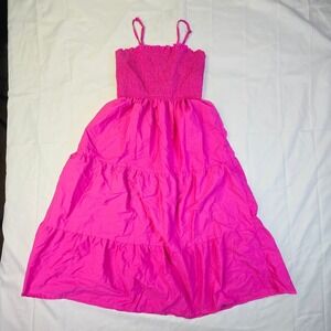 Cosmic Beauty Smocked Tiered Midi Dress Medium Pink Sleeveless Strappy A20